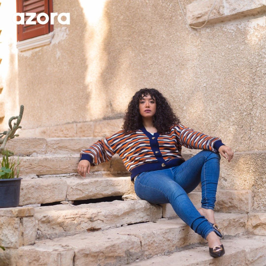 Azora®  Striped Button-Up Sweater