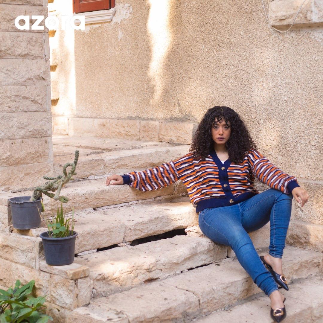 Azora®  Striped Button-Up Sweater