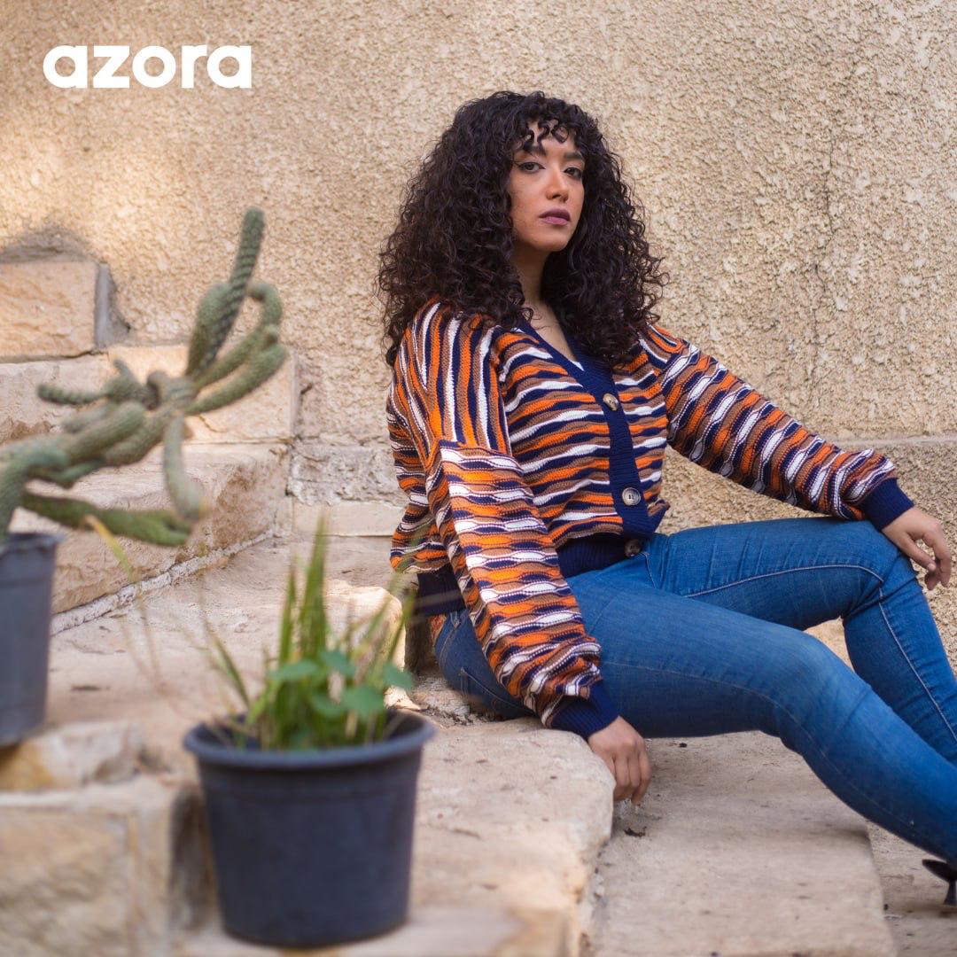 Azora®  Striped Button-Up Sweater