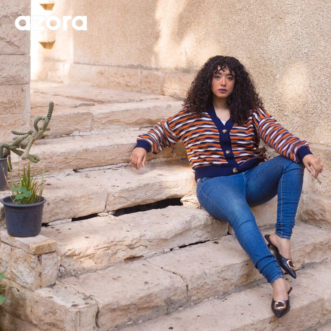 Azora®  Striped Button-Up Sweater